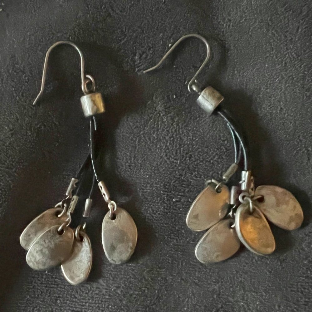 Anthropologie Brushed Silver Oval Charms w/ Black Cord Drop Earrings